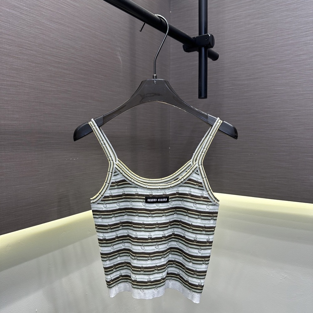 Miu Miu Olive and Cream Striped Tank Top